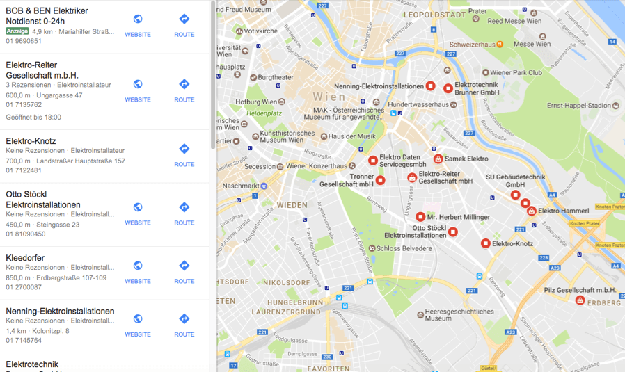 In der erweiterte Darstellung der lokalen Suchergebnisse erhält man mehr Einträgen und einen größeren Kartenausschnitt aus Google Maps. 