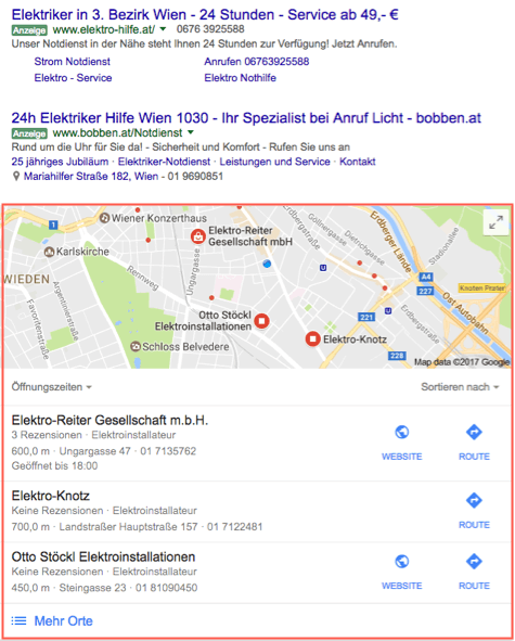 Beispiel für ein Suchergebnis der lokalen Suche (Vorschau mit Karte).
